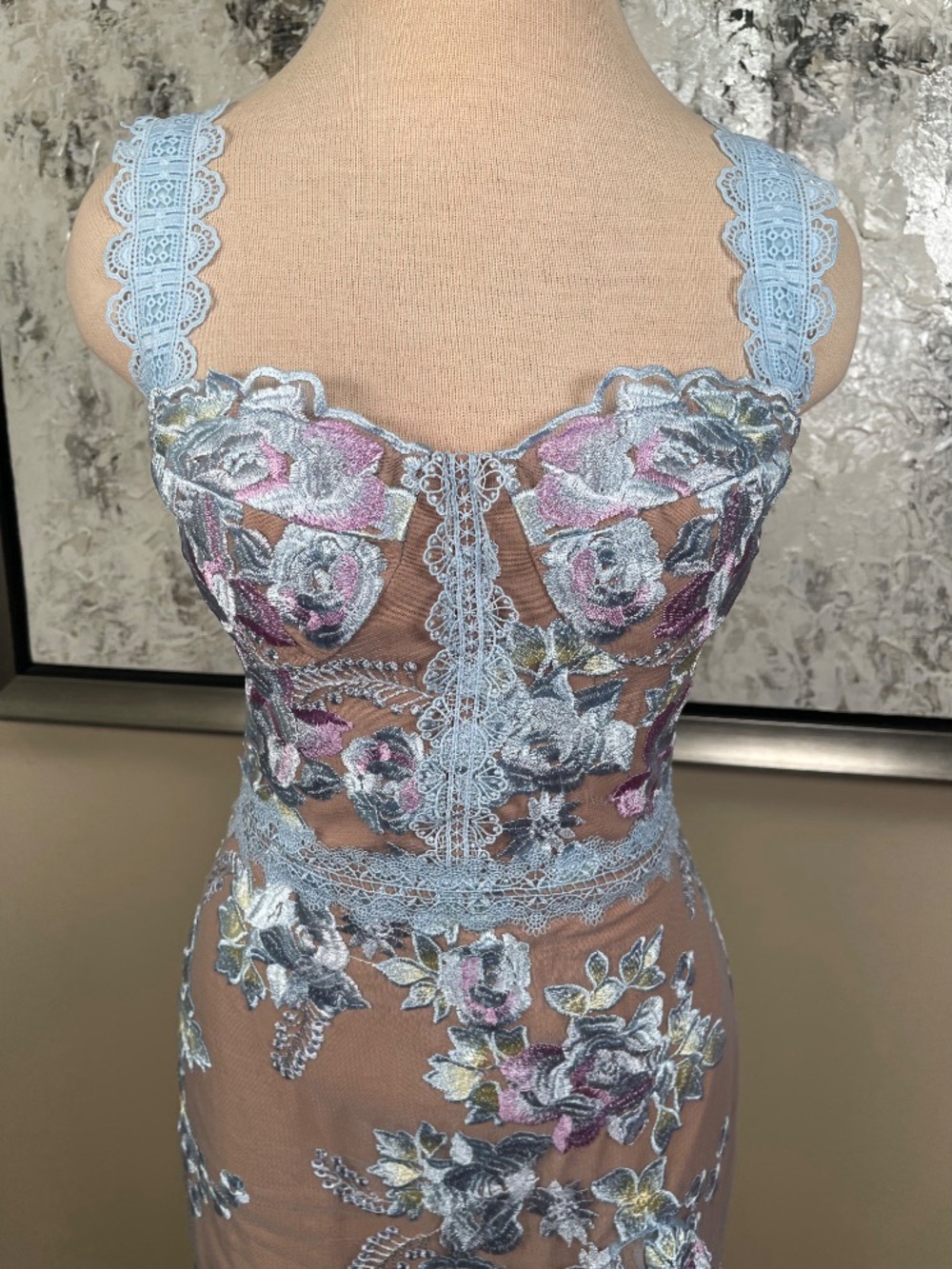 BRONX AND BANCO Eva Floral Embroidered Blue Midi Dress Size Small - Picture 3 of 7